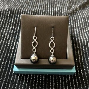 Signed Birks Black Tahitian Pearl Drop Earrings Sterling Silver